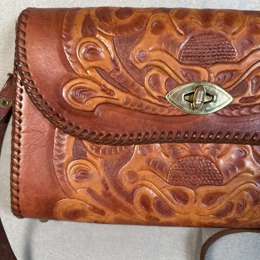 Jo-O-Kay Shoulder Bag Hand Tooled Leather Embossed Boho Western Vintage Joo Kay